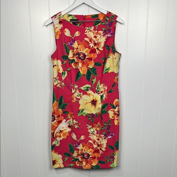 Alyx Womens Sheath Dress 14 Pink Green Tropical Sleeveless Back Zip Vibrant EUC - Picture 1 of 12